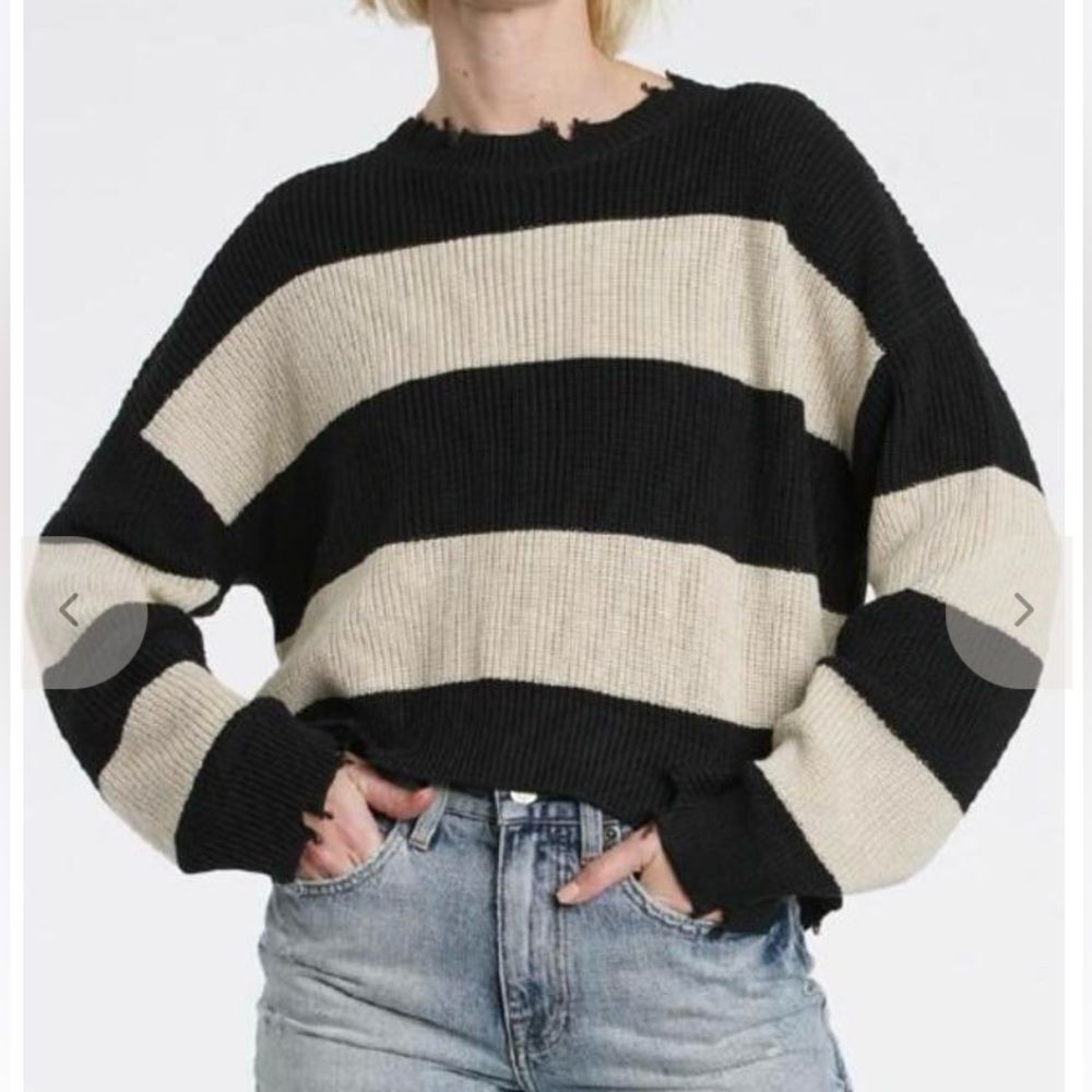 Pistola Women's Distressed Striped Sweater Size S Black & Cream 100% Cotton
